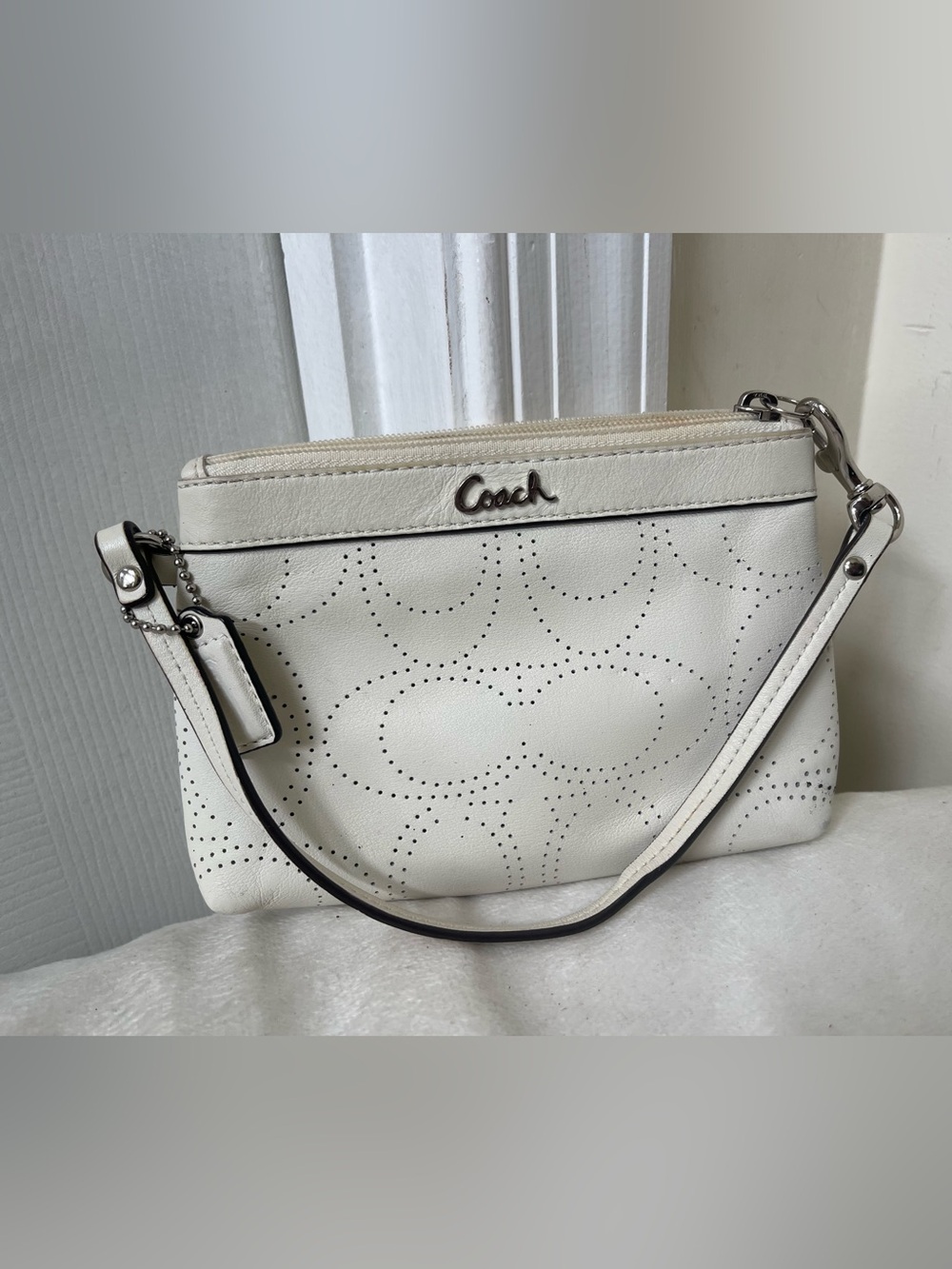 Coach White Perforated Leather Wristlet Clutch